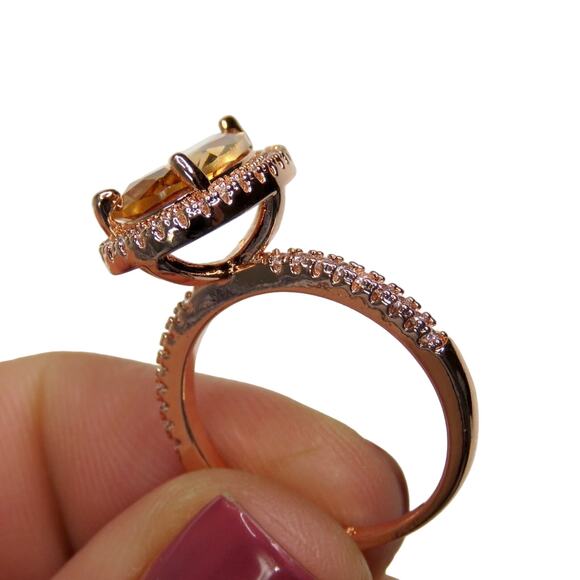 Macy's Rose Gold Pear Teardrop Halo Morganite Diamond Ring S 925 Size 7 - Picture 8 of 11